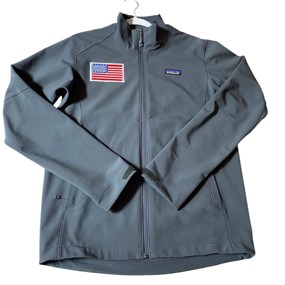 Patagonia Adze Jacket Mens Sz small Gray Black Soft Shell American Flag Patch